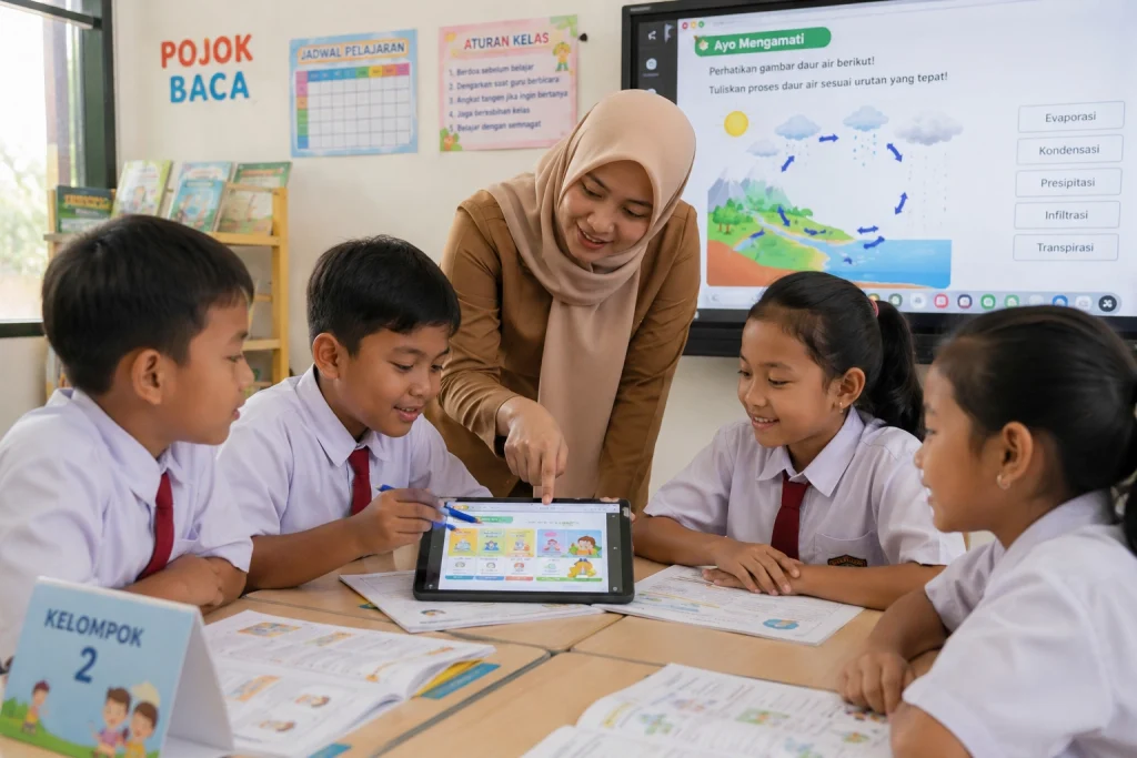 Guru SD sedang mendampingi siswa belajar kelompok menggunakan perangkat mengajar interaktif