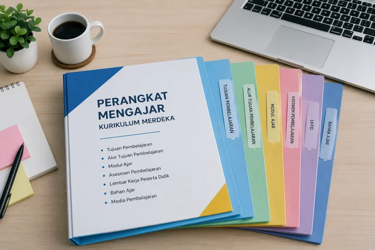 Perangkat mengajar Kurikulum Merdeka lengkap dalam map dokumen di samping laptop