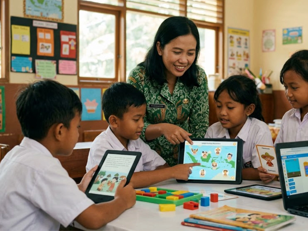 Guru kreatif mengenalkan media belajar SD digital menggunakan tablet kepada siswa di kelas Kurikulum Merdeka.