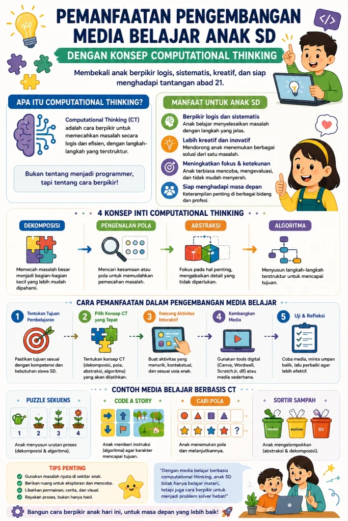 Infografis media belajar SD dengan konsep computational thinking untuk membantu guru mengembangkan media pembelajaran yang interaktif dan kreatif.