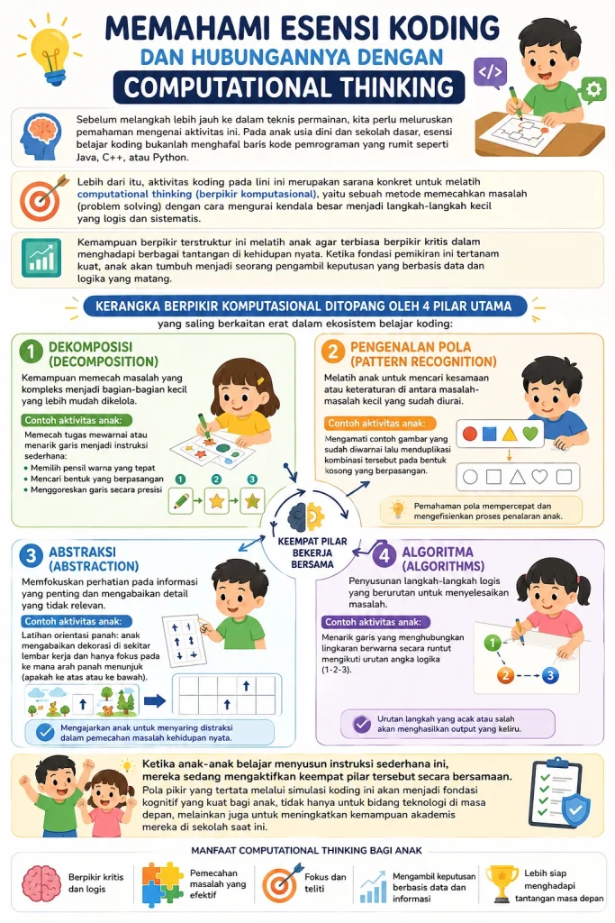 Koding anak melalui infografis 4 pilar computational thinking: dekomposisi, pengenalan pola, abstraksi, dan algoritma dalam pembelajaran unplugged.