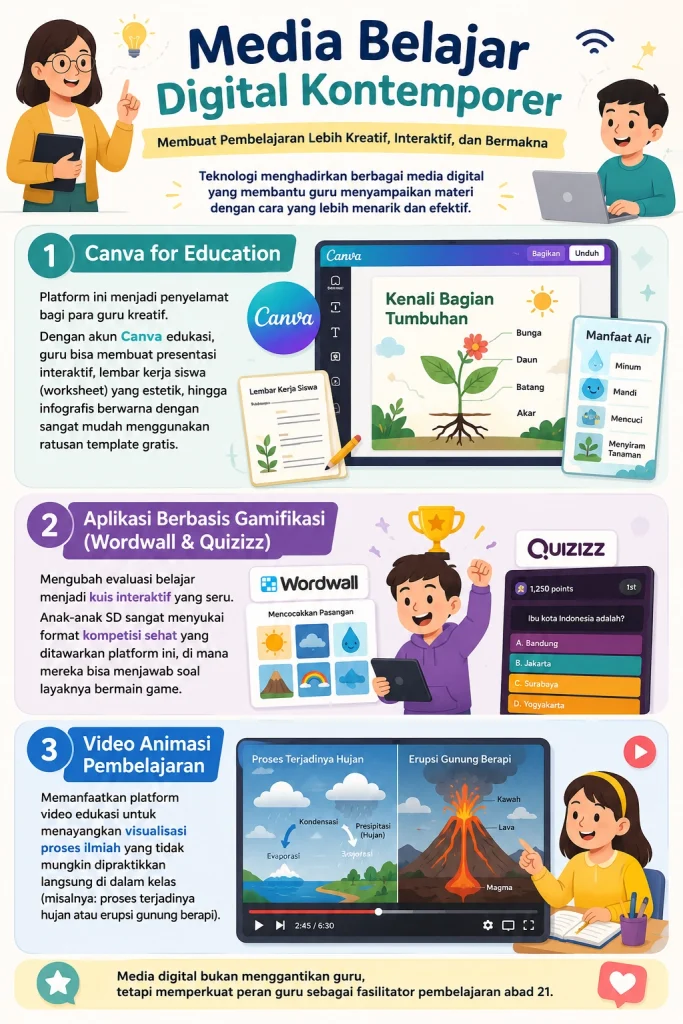 `Infografis Media Belajar Digital Kontemporer yang menjelaskan tiga platform utama: Canva for Education untuk membuat bahan ajar dan lembar kerja estetik, Aplikasi Gamifikasi seperti Wordwall dan Quizizz untuk kuis interaktif, serta Video Animasi Pembelajaran untuk visualisasi proses ilmiah bagi siswa.`
